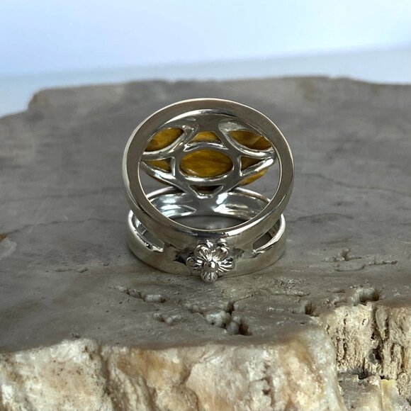 Signed Sterling Silver 925 Faceted Tigers Eye Split Shank Wide Band Ring 6.75 - Picture 7 of 16